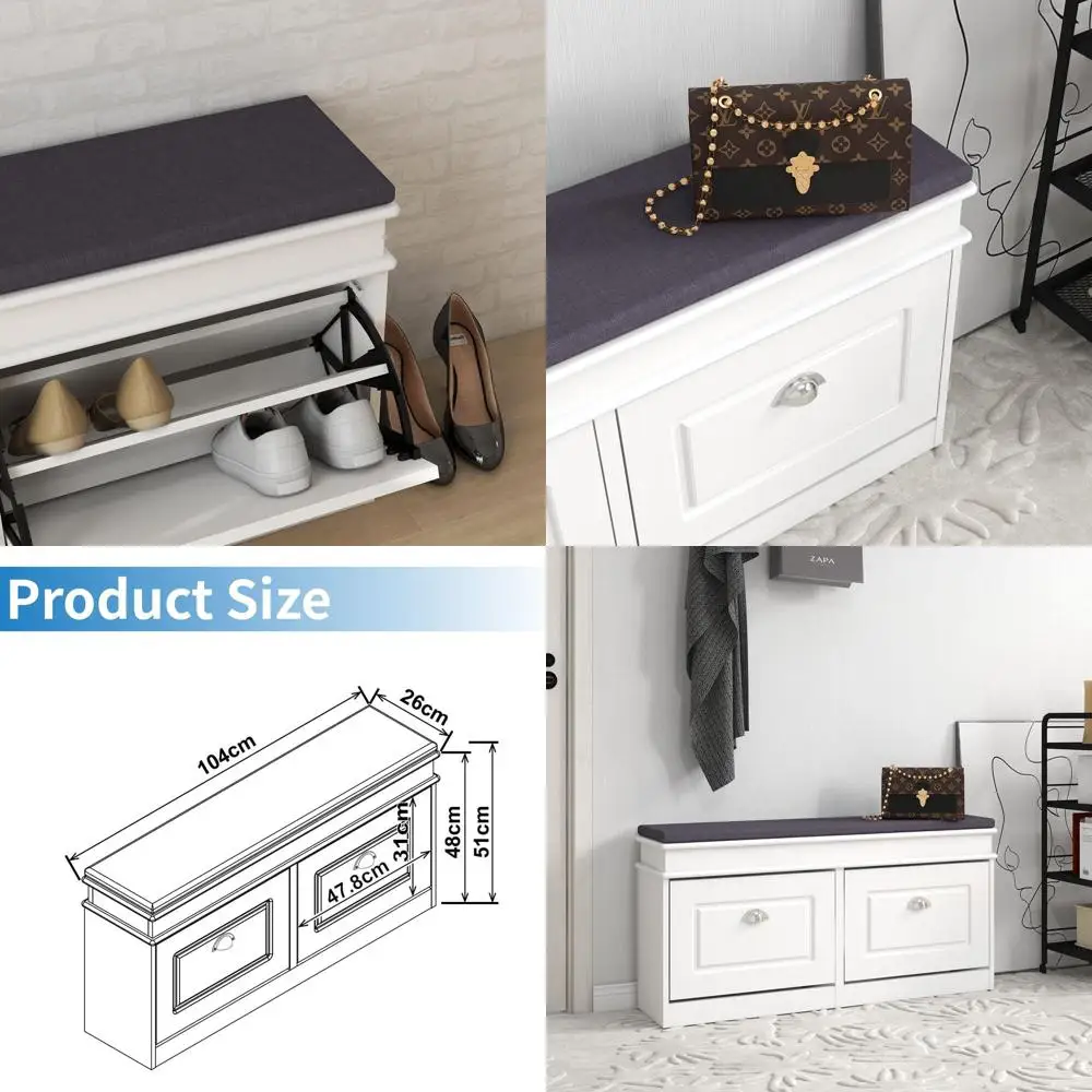 

Shoe Storage Bench with Cushioned Seat, 2-Door Cabinet for Hallway or Mudroom (White)