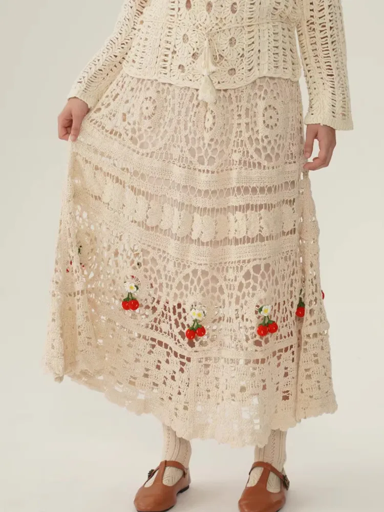 70-102cm Bust Spring Summer Fall Long Skirts Women Elegant Hollow Out Handmade Crochet Red Fruits Mori Girls Big Swing Skirts