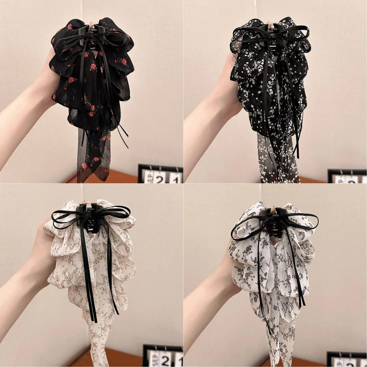 Halfgebonden achterhoofd Haaienclip Bloem Meerlaagse strik Haarclip Haaraccessoires Elegante bloemenstriklint Paardenstaartclip