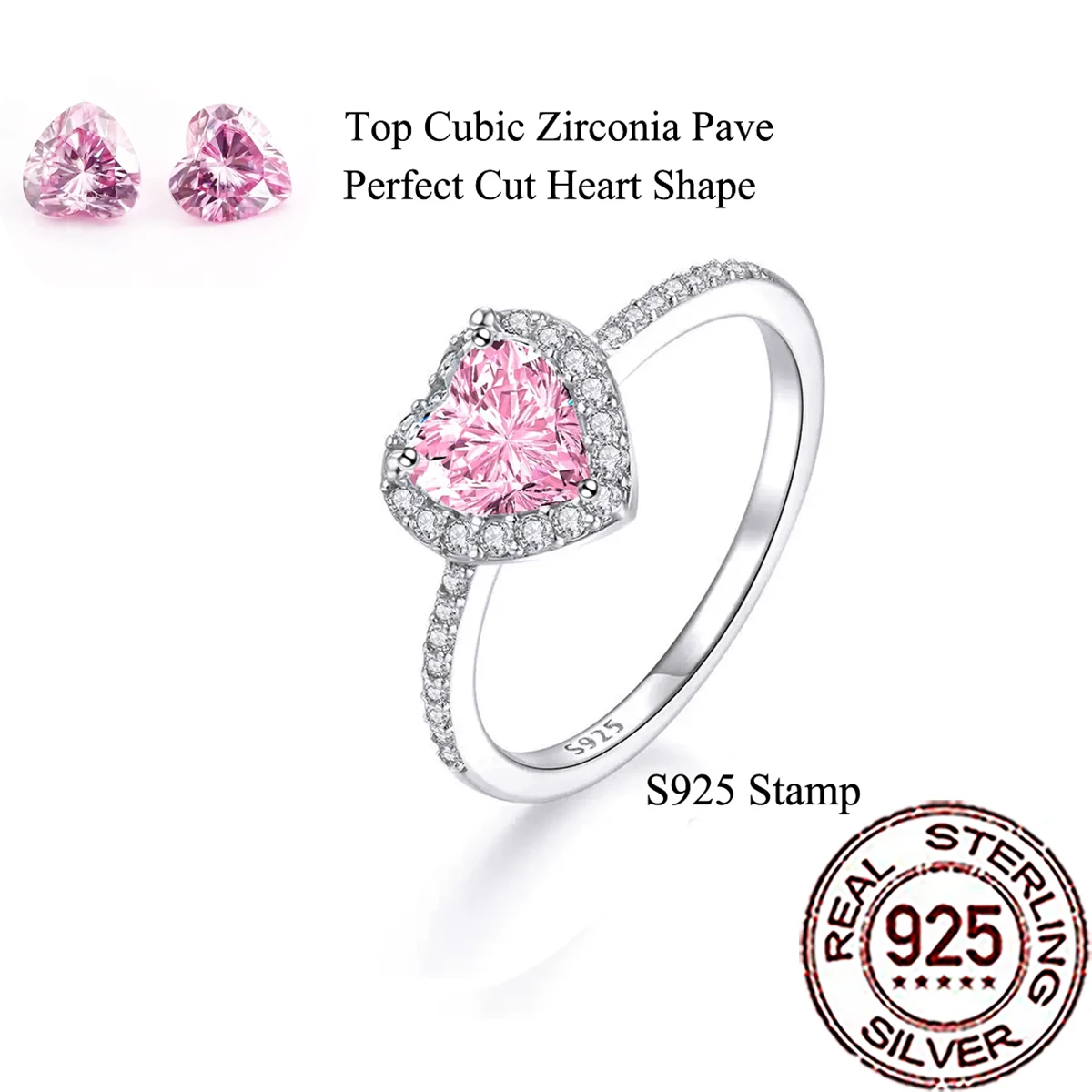 QooLady 925 Sterling Silver Romantic Pink CZ Crystal Big Heart Shape Rings for Women Lover Wedding Engagement Jewelry Gift SR082