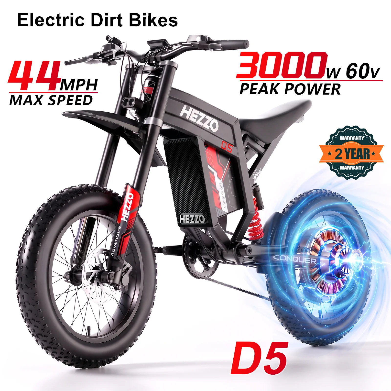 HEZZO Electric Dirt Bike 60V 3000W 43mph Powerful Electric Bike D5 20*4.0 Fat Tire Motocross Hydraulic Brakes FASTACE Suspension 30Ah 75Miles Long Range Ebike