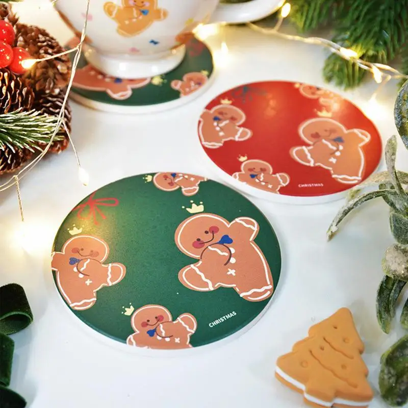 Cute Christmas Coasters Christmas Cup Coasters Winter 3.9 Inch Diatomite Non-Slip Cup Mats For Table Protection For Coffee Table