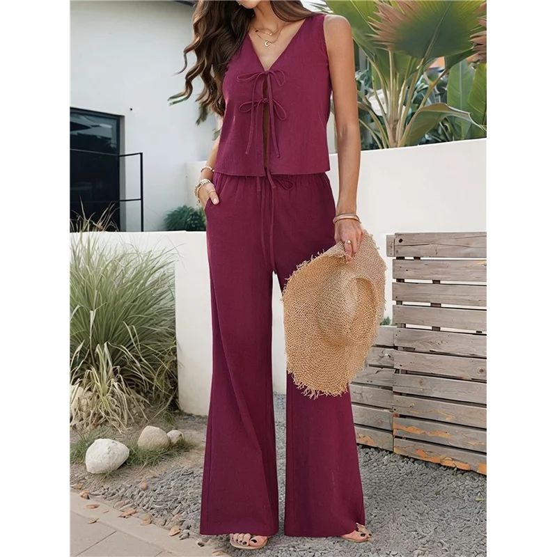 Conjunto feminino de 2 peças com decote em V e gravata na cintura e calças casuais de pernas largas Setsa83x