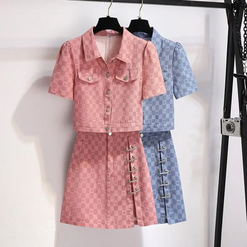 Large Sweet Cool Pink Suit Skirt for Female Summer 2024 New Cool and Cute Fried Street Checkerboard Skirt Two Piece Set