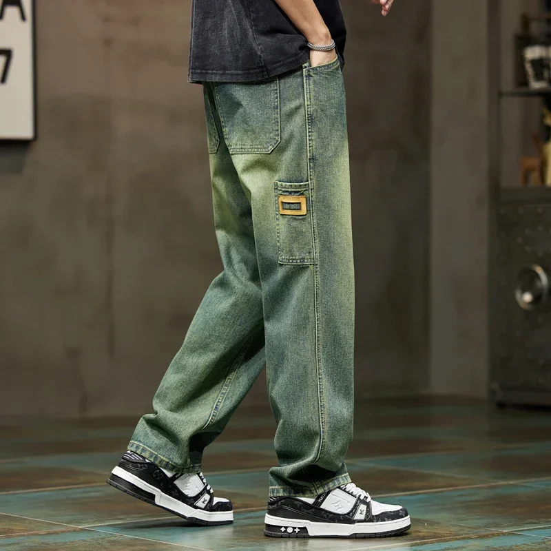 

Wide Leg Jeans Men Baggy Pants Summer Straight Cut Loose Retro Blue Denim Pants Streetwear Fashion Pockets Vintage Man Clothes