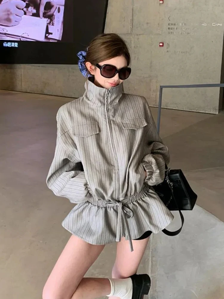 

Women Vintage Striped Jacket Autumn Loose Streetwear Zipper Long Sleeve Coats American Retro Hottie Stand Collar Lace Up Outwear