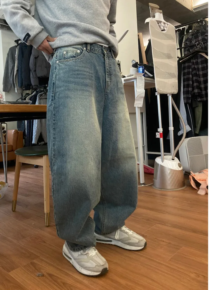 

SYUHGFA 2025, зимние нишевые дизайнерские мужские джинсовые брюки контрастного цвета, прямые широкие потертые модные мужские брюки в корейском стиле