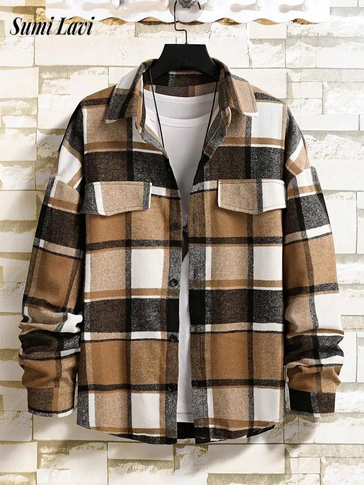 

Vintage Men's Button Lapel Woolen Cardigan Spring Autumn Fashion Plaid Printed Jacket Coat Mens Daily Casual Long Sleeve Jackets
