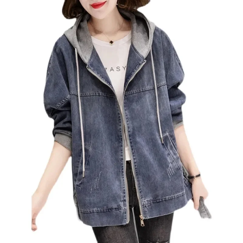 Women\'s Denim Jacket 2023 New Spring Autumn Fashion Korean Long Sleeve Jeans Coat Casual Hooded Baseball Uniform Top Clothes