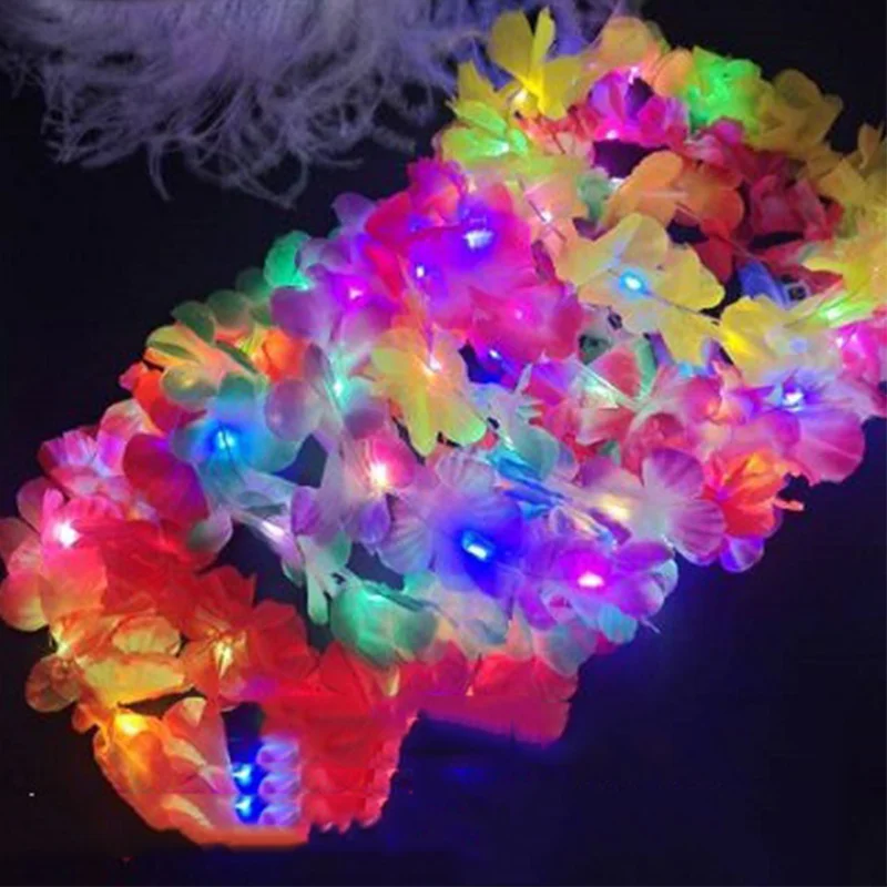 10pcs LED Hawaiian Lei Floral Headband Light Up Flower Crown Glow Wreath Headband Summer Beach Pool Wedding Party Decorations