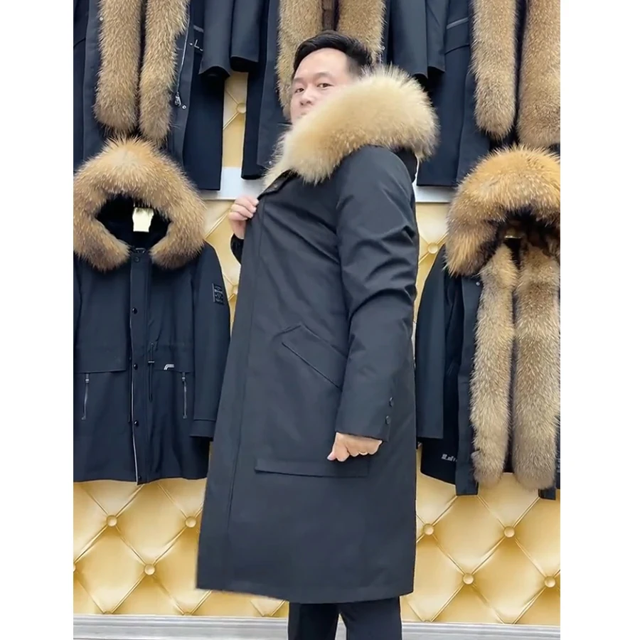 Parka With Natural Fur Coat Men Real Muskrat Fur Jacket Winter Long Hooded Jackets High Quality Outwear Raccoon Fur Collar