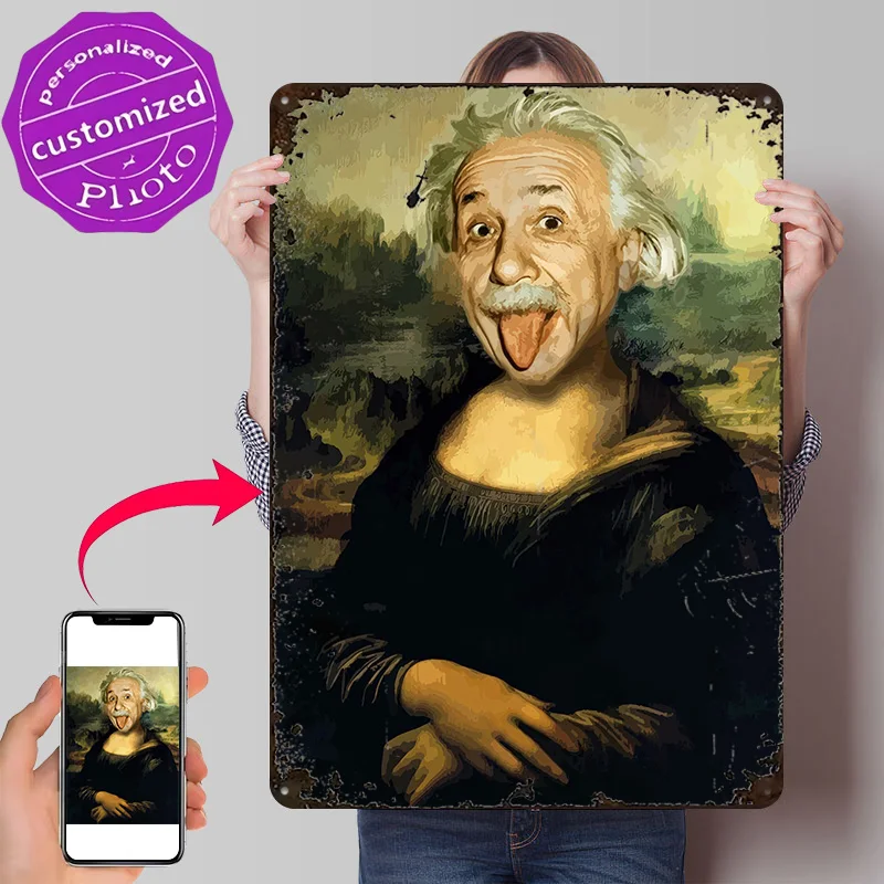 Einstein Mona Lisa Meme Personalized 3D Textured Metal Poster Wall Art Tinplate Sign for Vintage Decorations Article Decoration