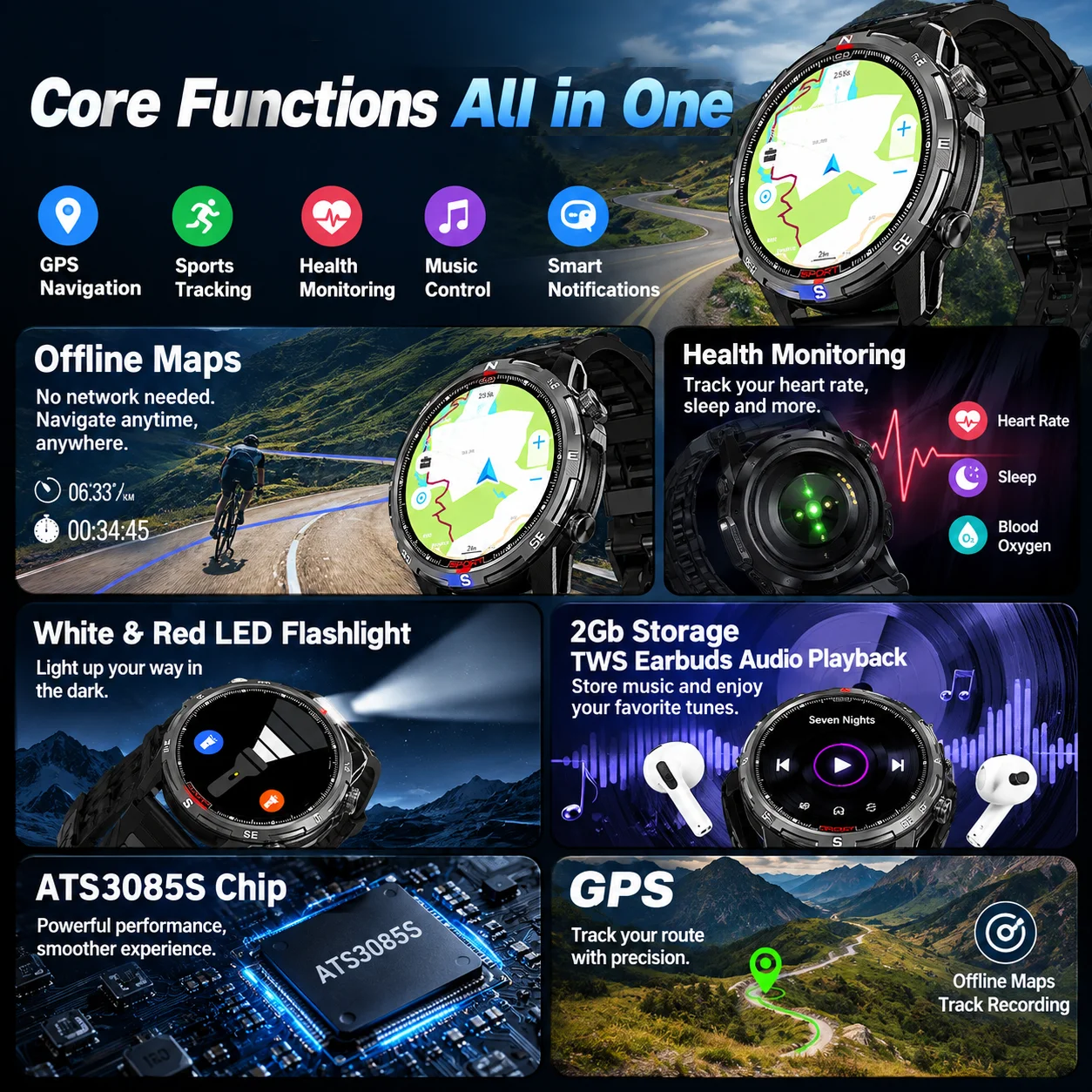 2026New Military Built-in GPS G10 Offline Map Smart Watch 5ATM Waterproof AMOLED HD Compass Flashlight Men Sports Smartwatch
