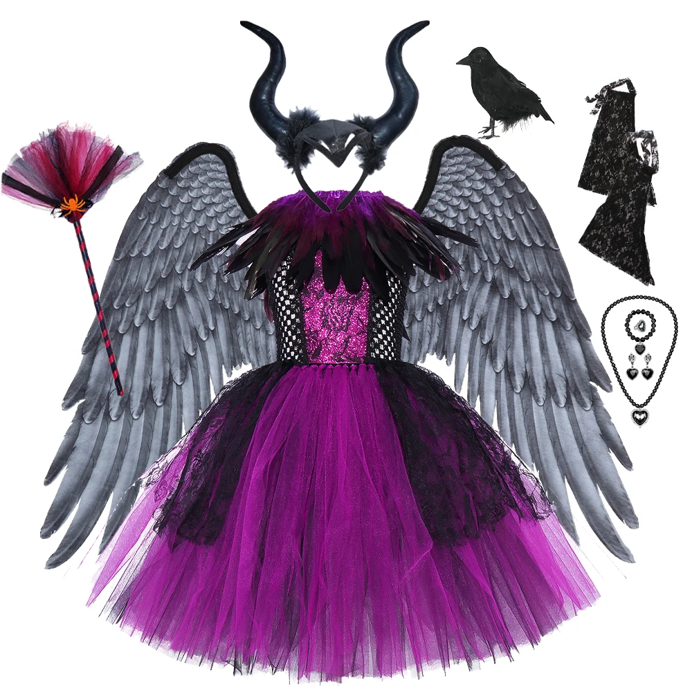 Girls Halloween Black Witch Cosplay Costumes with Big Wings Children Black Evil Queen Feather Purple Dresses for Kids Purim Carn