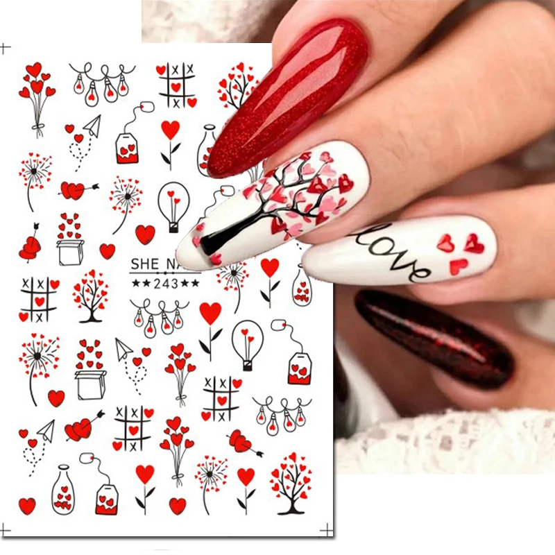 3D Nail Art Sliders Stickers Valentijn Liefde Bomen Wensflessen Paardebloem Liefdesbrieven Decals Nageldecoratie Voor Manicure