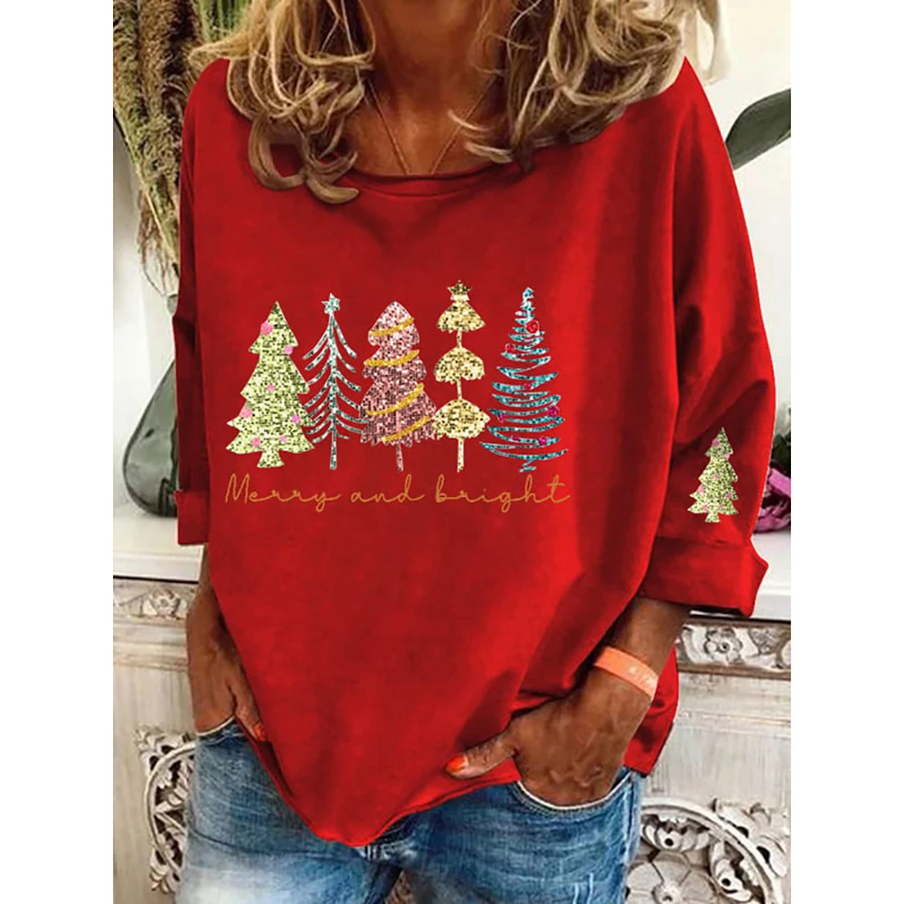 Women\'s Christmas Trees Print Causal T-Shirt O-Neck Cotton Tops Autumn Ladies Pullover Harajuku Long Sleeve Female Loose Clothes