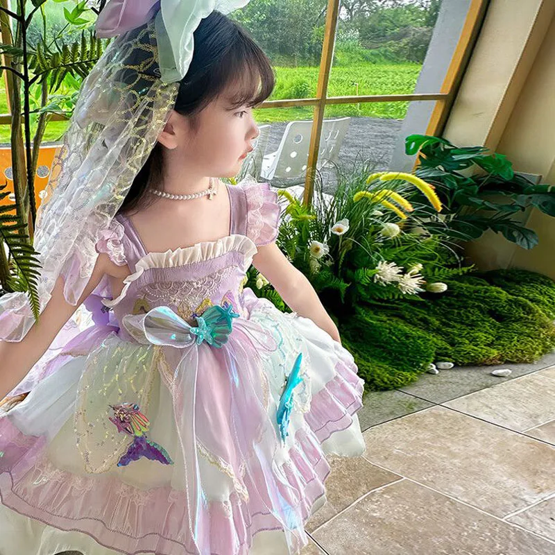 Summer Backless Lolita Ball Gown Dress Girls Kids Sets Princess Shiny Dress Birthday Party Childrens Gauze Clothing Bow Sundress