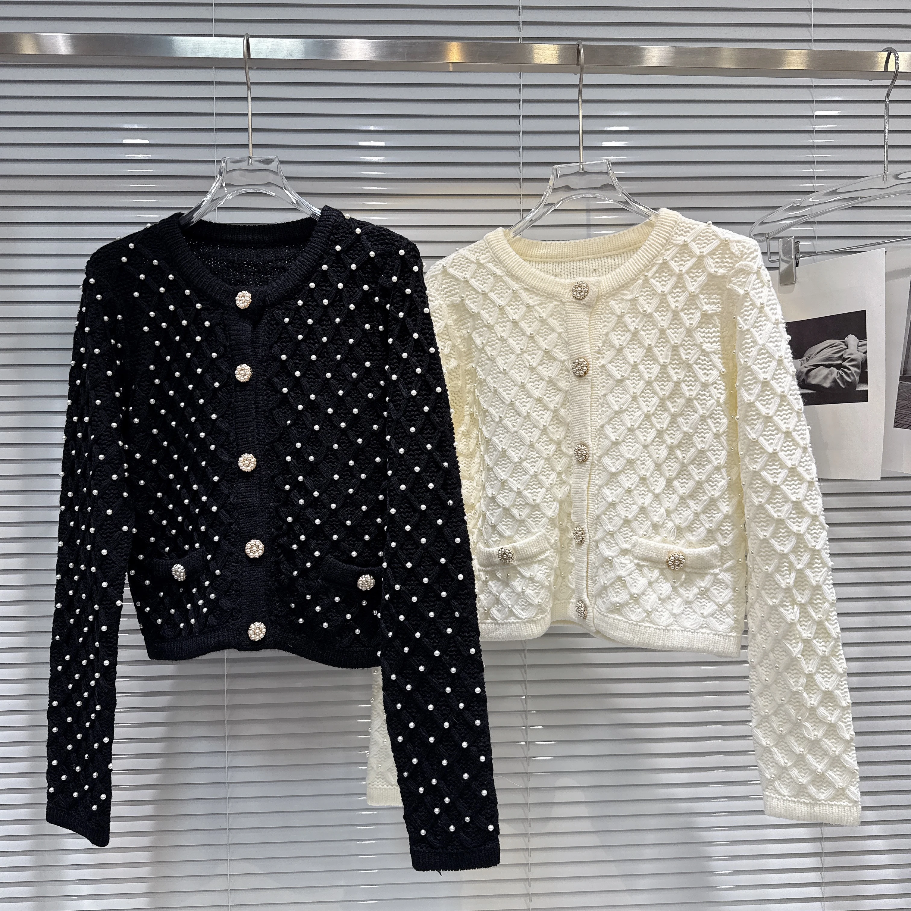 

Gagarich 2025 Autumn Women New Style French Pearl Button Diamond Grid Jacquard Coat Knitted Sweater Cardigan Top