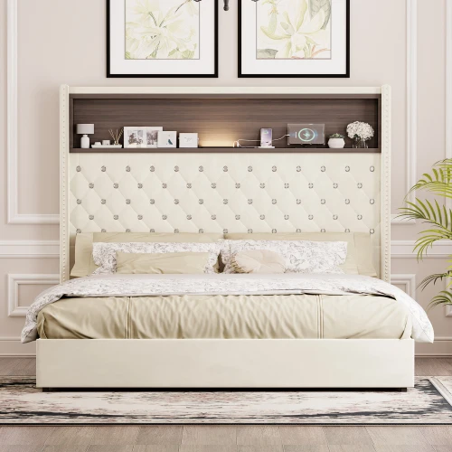 

# Modern Convertible Velvet Tufted Soft Bed Frame With USB Port Night Light 52" High Headboard