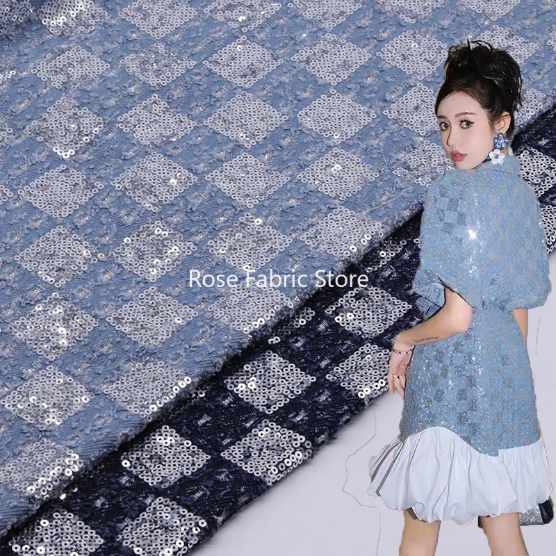

1 meter Jeans Fabric With Sequin Embroidered Shiny Grid Denim With Broken Holes Fashion Cowboy Telas DIY Sewing Jackets Dress