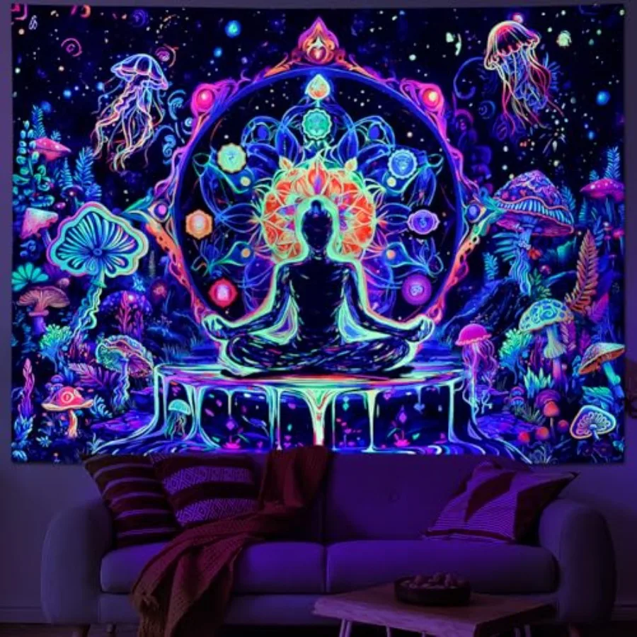 Blacklight Chakra Yoga Meditation Tapestry Mushroom Flower Wall Backdrop UV Reactive Mandala Tapestries Galaxy Space Jellyfish