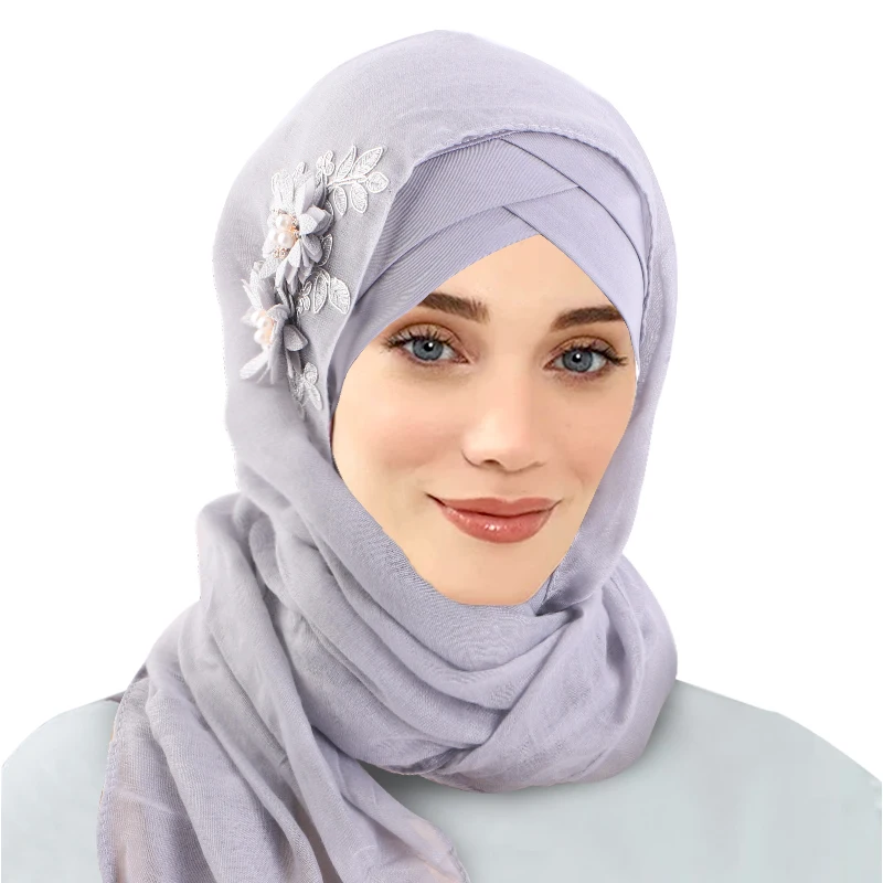 New 2PCS/LOT Shining flower Muslim Hijabs Scarf Forehead Cross Hat with Chiffon Scarf Inner Bonnet Convinient Headwrap