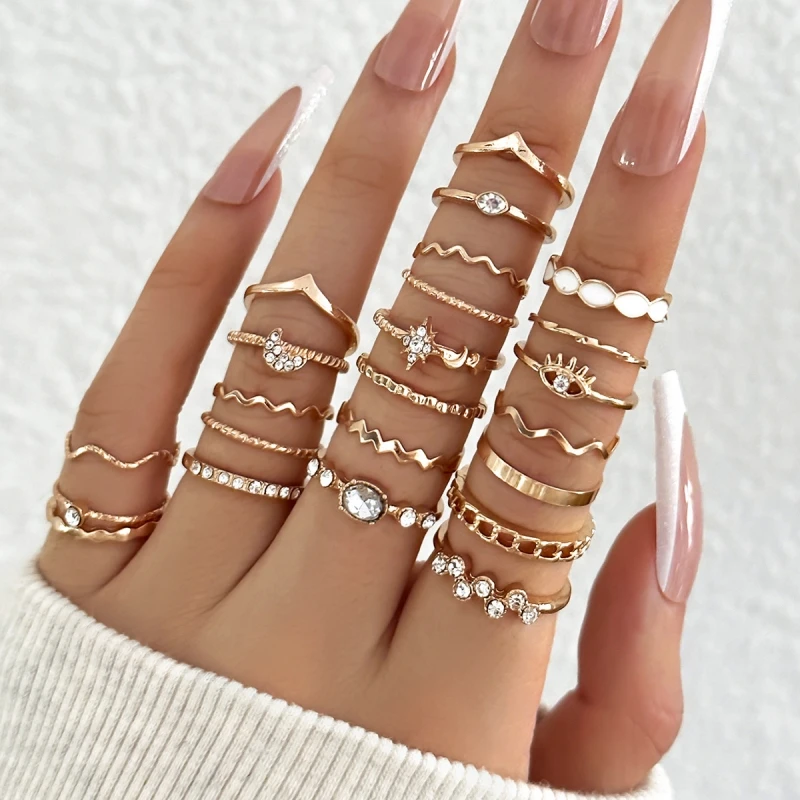 23 Uds. Conjunto de anillos Vintage de cristal con forma de estrella y Luna para mujer, anillo hueco geométrico a la moda, accesorios de joyería para fiesta y boda ﻿