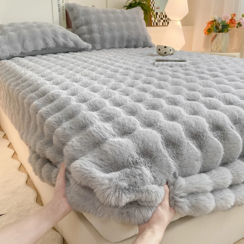 Drap-housse en peluche moelleuse de couleur unie, pour l'hiver, draps en polaire de lapin sur élastique, protection de matelas chaude et épaisse