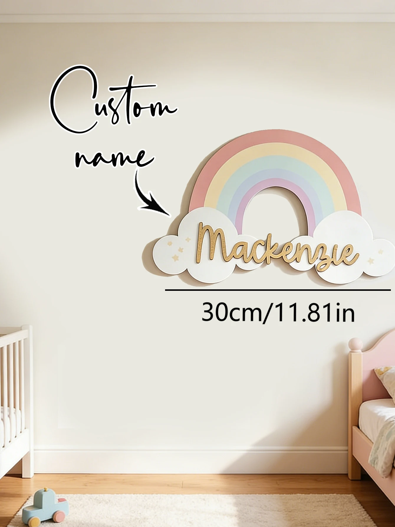 Custom Pastel Rainbow Cloud Wooden Name Sign Personalized Gold Script Name Plaque Girls Boho Nursery Wall Decor Newborn Shower - view 4