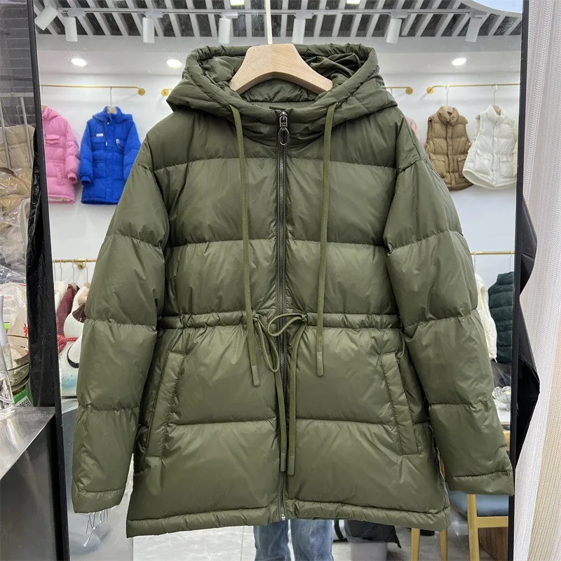 

Winter Hooded Medium to Long Down Jacket Women White Duck Down Parkers Outwears Female Waist Drawstring Warm Quilted Jacket Coat