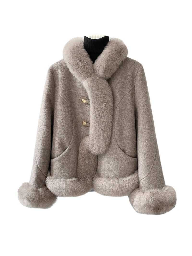 Real fox fur coat, women's goose down inner lining down jacket, double-sided wool cashmere coat, woolen coat, short style