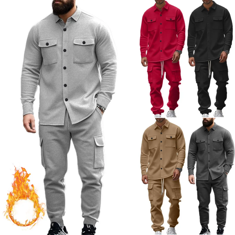 

American Heavyweight Fleece-lined Workwear Set, Lapel Jacket & Pants, Loose Warm Outdoor Outfit for Men