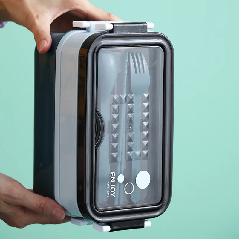 1pc 1400ml Double-layer Lunch Box Portable Compartment Food Box Microwave Lunch Box With Fork Chopsticks And Spoon Picnic Fresh image 2