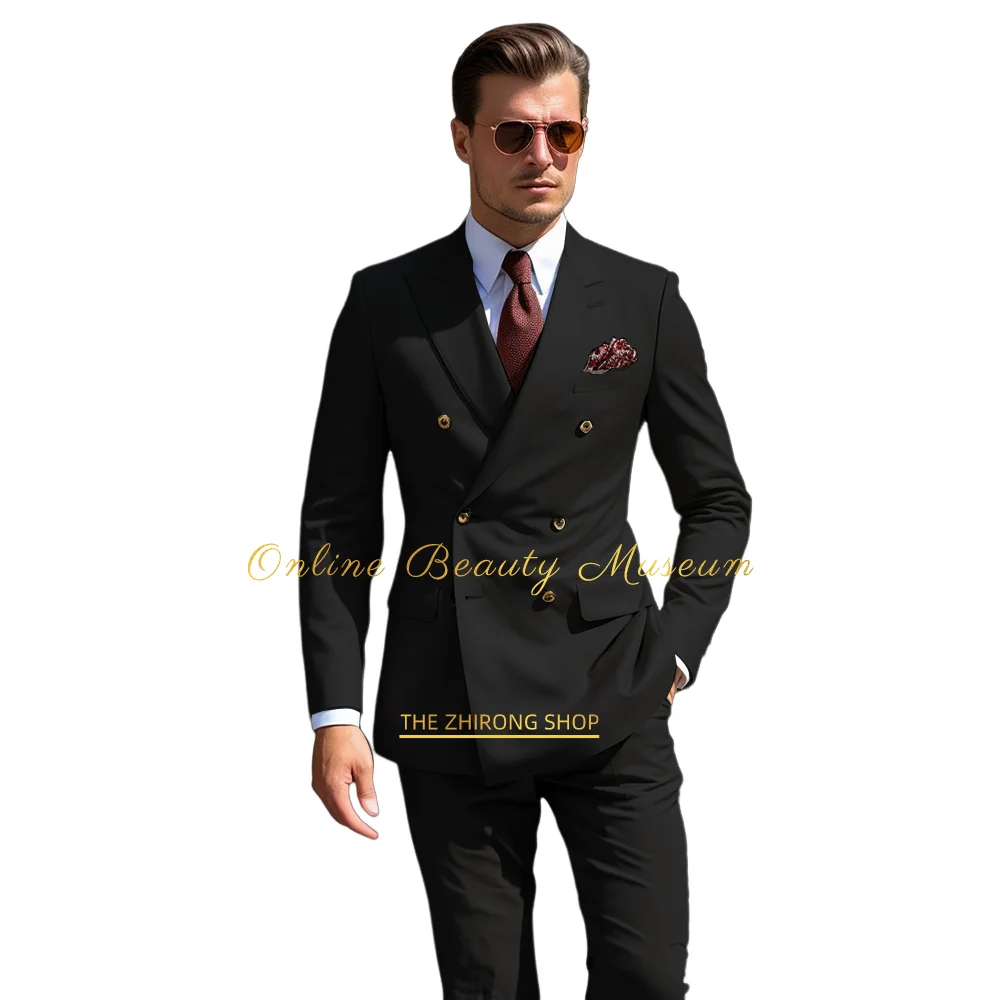 Men\'s Khaki Double Breasted Wedding Blazer Trousers 2 Piece Custom Suit Fashion Party Dress Elegant Style Size Customizable