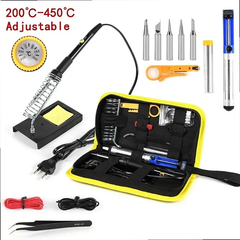 15pcs 220V 60W Soldering Iron Kit Adjustable 450°C Welding Tool Set with Solder Sucker