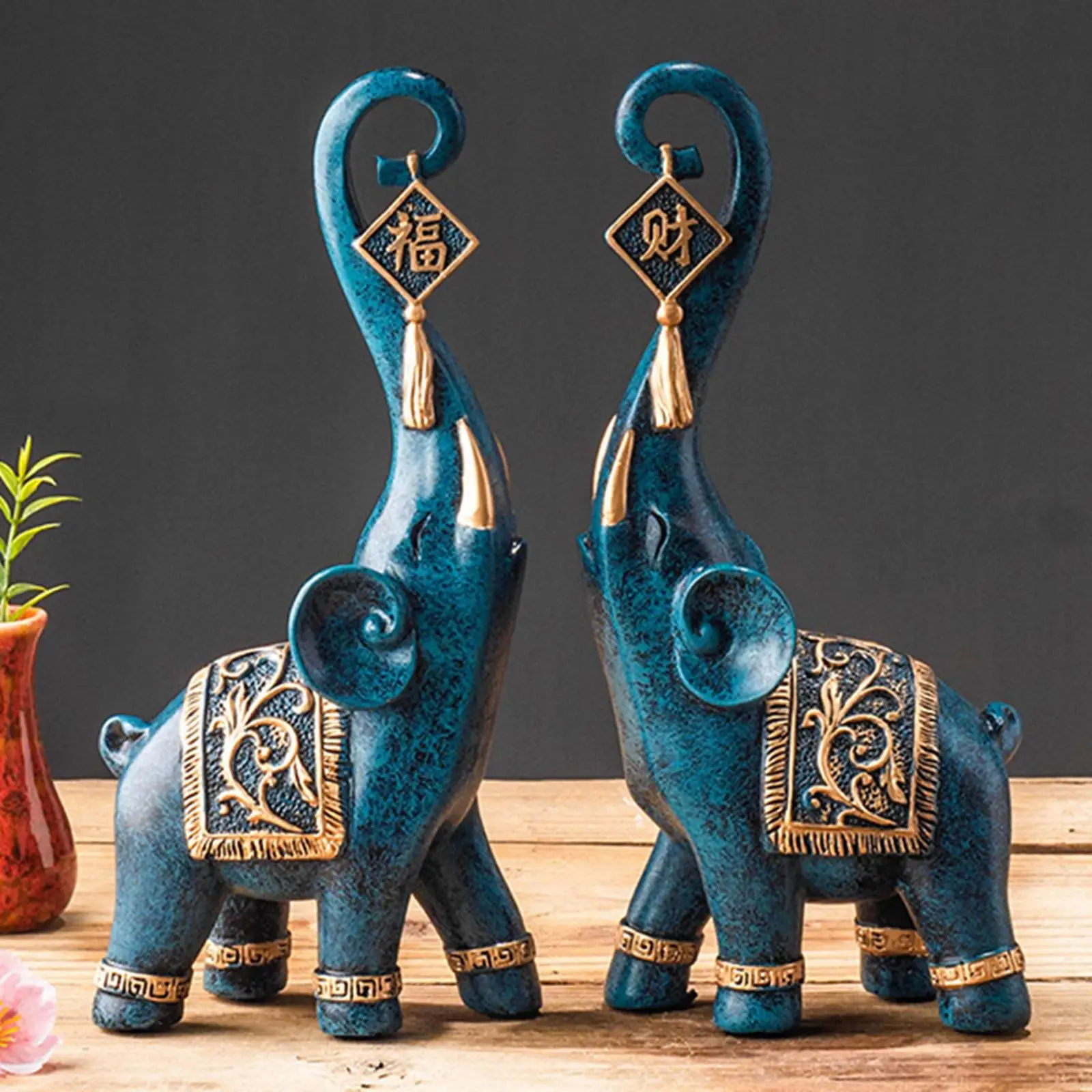 2Pcs Modern Elephant Statues Animal Figurine Sculpture Home Decor Office Carving Sculpted Elephants Model Figure Resin