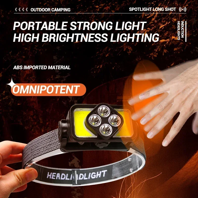 Luminoso mini COB/LED sensore d'onda lampada frontale portatile tipo C capacità di ricarica display lampada frontale impermeabile per pesca notturna all'aperto