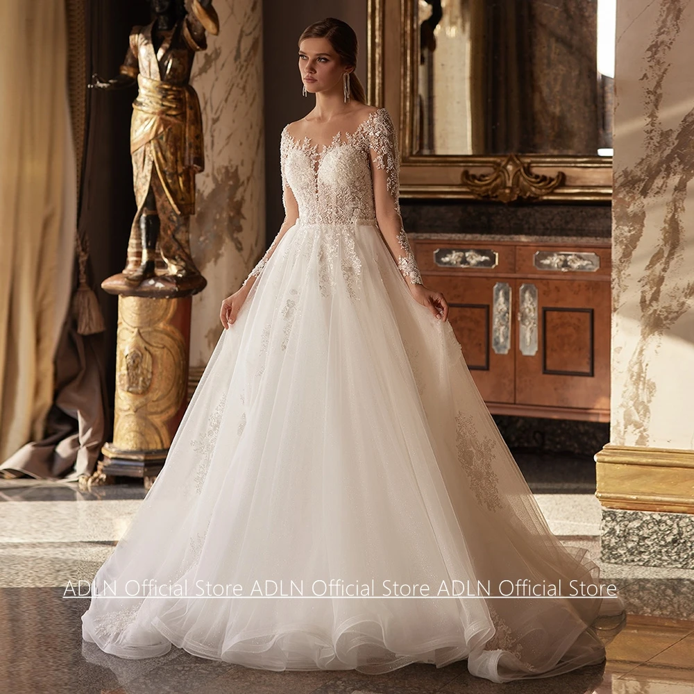 Maßgeschneidertes klassisches Hochzeitskleid Brautkleid mit langen Ärmeln, durchsichtigen Pailletten, Perlenapplikationen, Tüll, A-Linie Brautkleider.