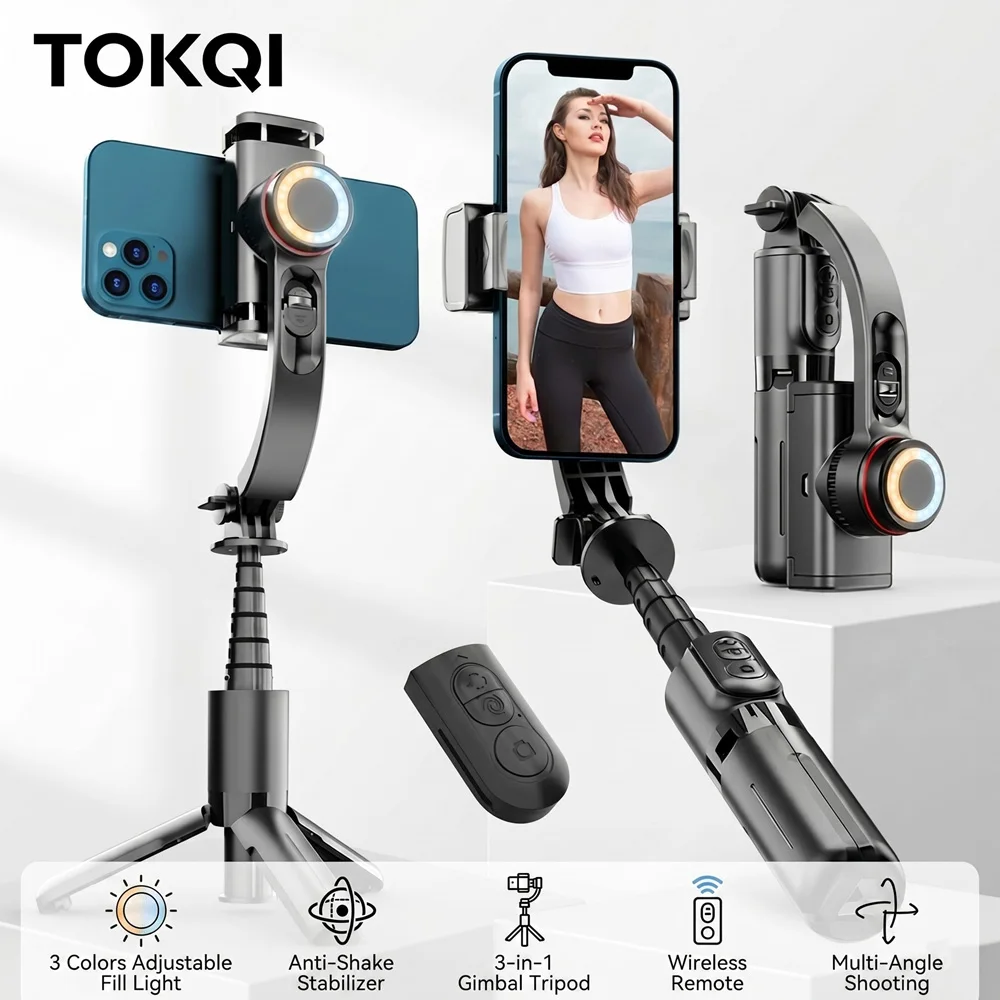Estabilizador de Mano TOKQI para Transmisión en Vivo, Palo Selfie con Gimbal Antivibración, Luz de Relleno Ajustable de 3 Colores, Control Remoto Inalámbrico 3
