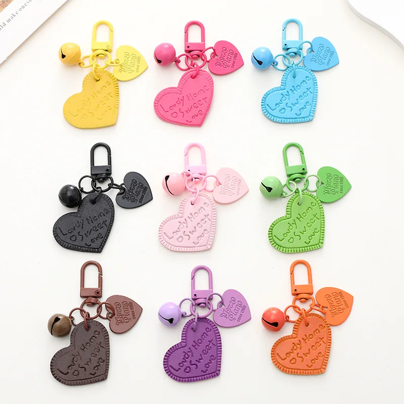 New Candy Colored Love Charms Pendant Leather Heart-shaped Bell Keychain Bag Car Key Chains Jewelry Gift Decoration Accessories