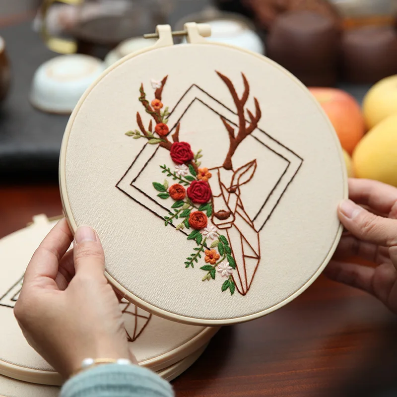 DIY Embroidery Kit Abstract Deer Printed Pattern Cross Stitch Set for Beginner Needlework Hoop Handmade Sewing Art Craft Kit