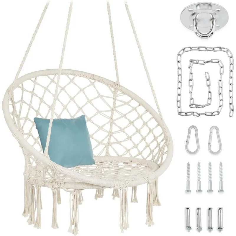 

Macramé Hanging Chair, Handwoven Cotton Hammock Swing for Indoor & Outdoor Use w/Mounting Hardware, Backrest