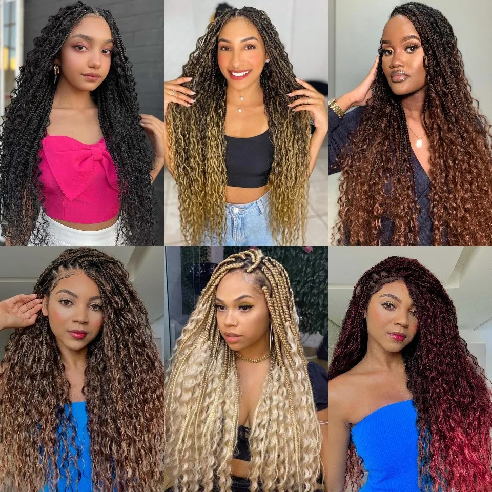 20 Inch Bohomian Synthetic Box Braids Crochet Hair Boho Braids Crochet Box Braids Hair Extension Braiding Hair With Curly Ends