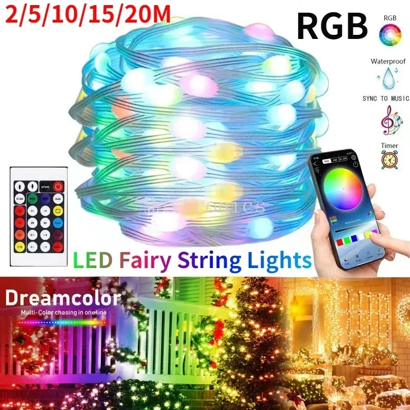 Guirnalda de luces LED RGB para decoración del árbol de Navidad, luces de hadas inteligentes, USB, Bluetooth, aplicación, fiesta de boda, 2M, 5M, 10M