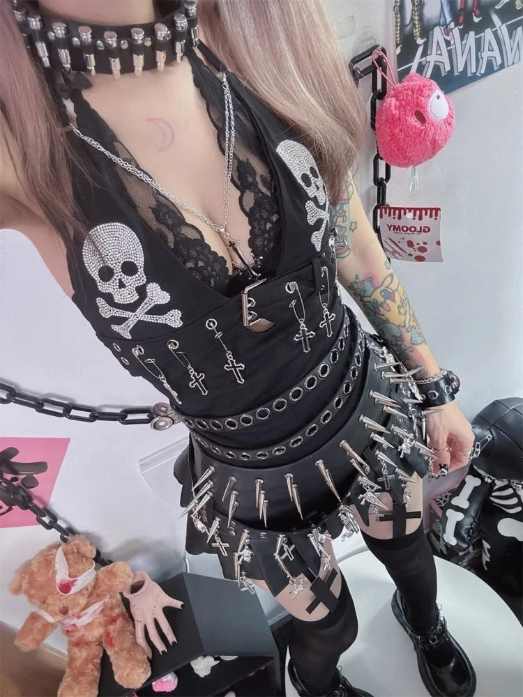 Y2K Subculture Japanese Original Hot Girl Sexy Top Punk Gothic Halter Skull Cross Strap Vest for Women