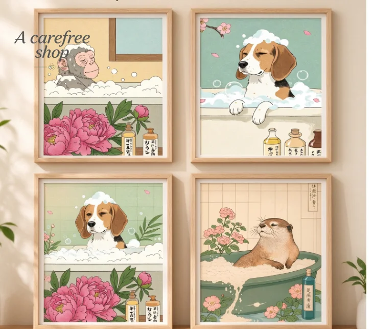 Cute Bathing Animals Japanese Style Canvas Poster Quirky Relaxing Animal Bathtub Illustration Wall Art Print for Bathroom