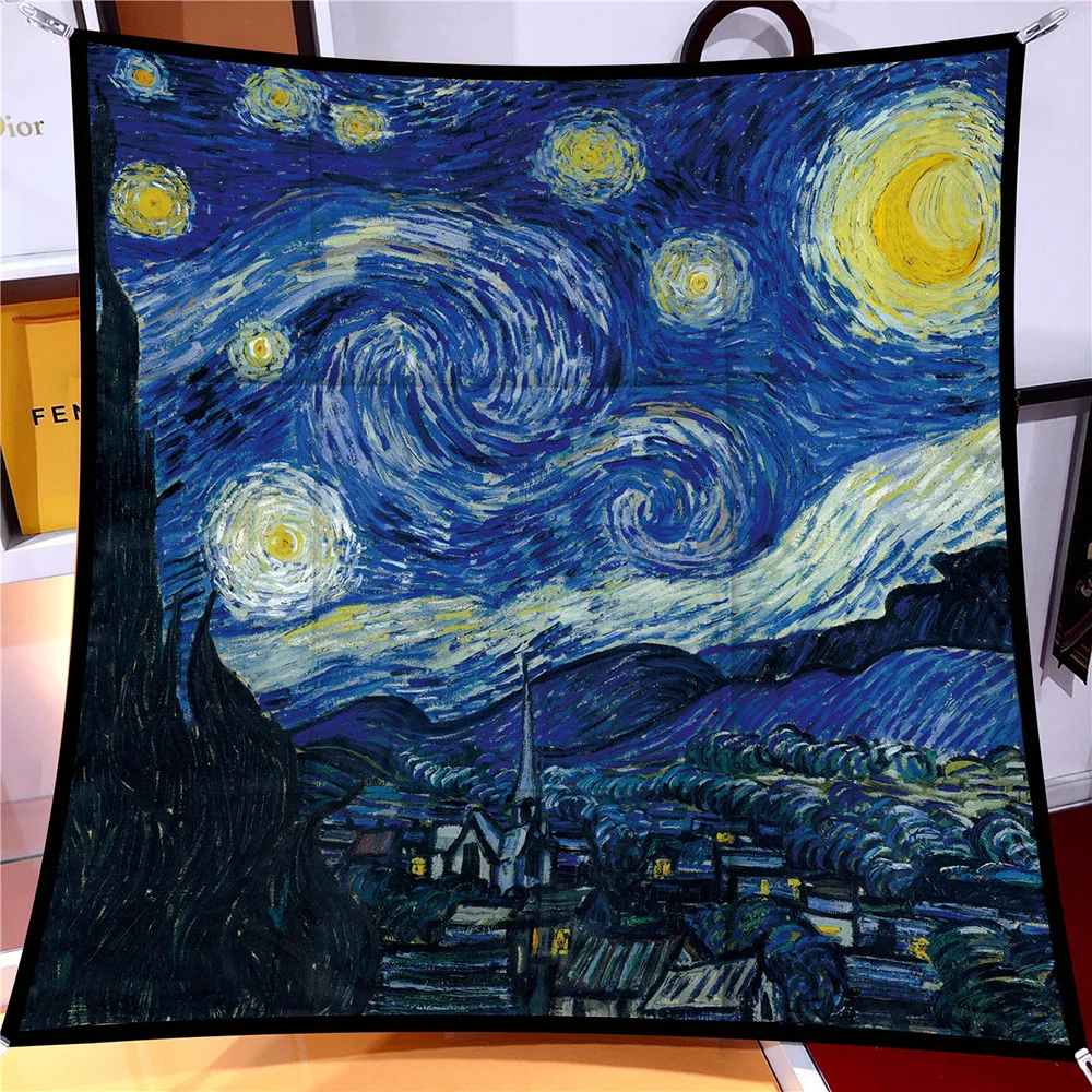 

90cm Starry Sky Imitation Twill Fashion Silk Scarf Square Women Hijab Bandana Foulard Head Scarf Van Gogh Oil Painting Kerchief