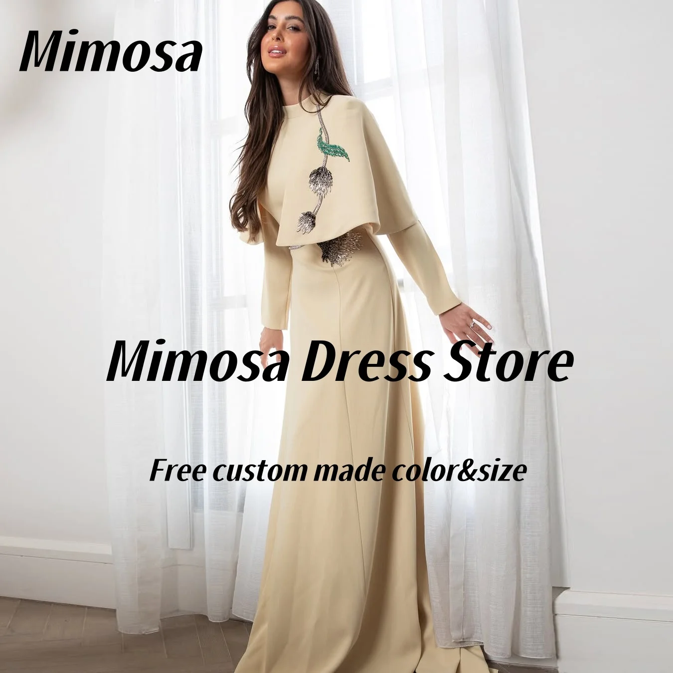 

Mimosa High Collar Evening Dresses Beading Long Sleeves Prom Party Dress Zipper Back فستان سهرة نسائي Customized