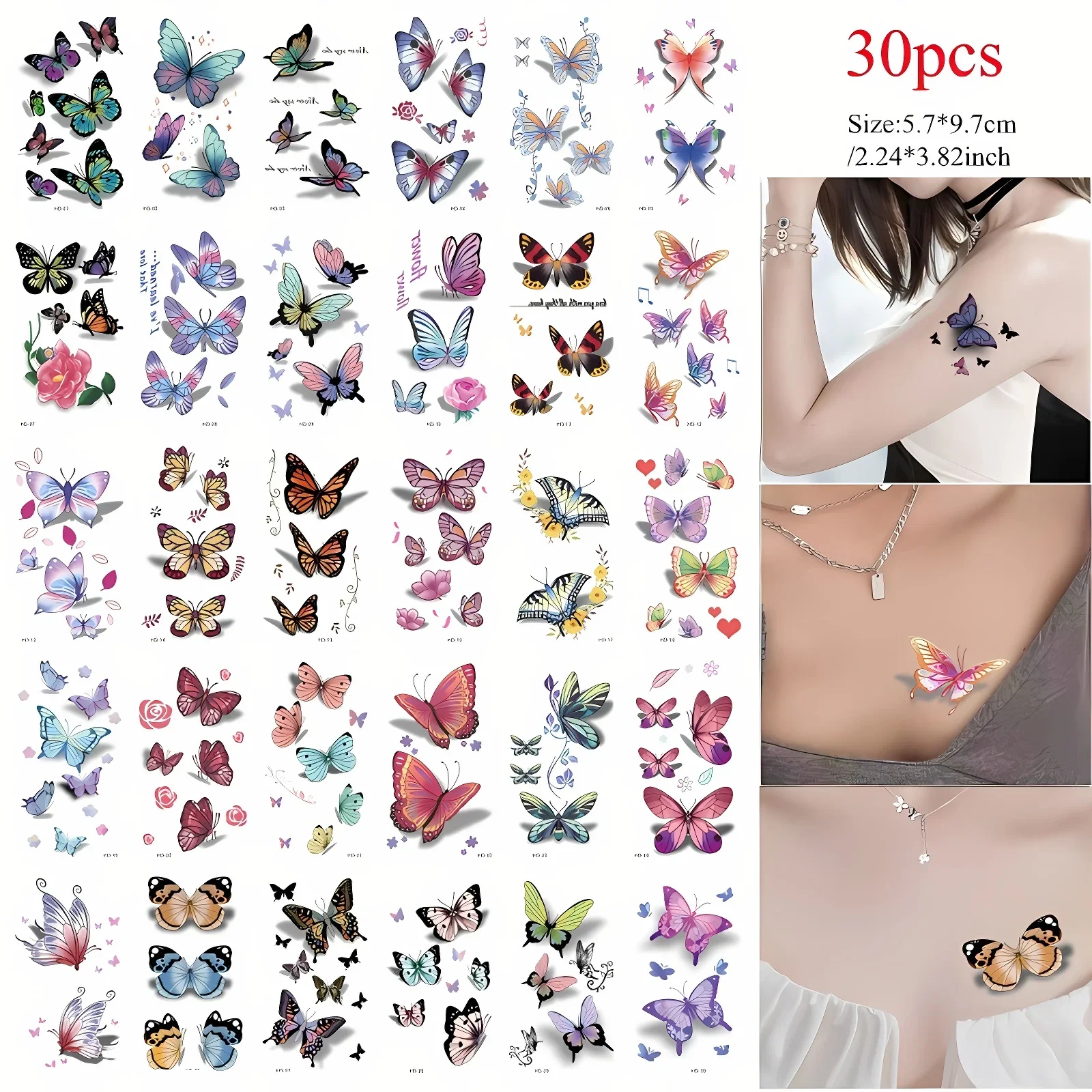 30pcs/set Summer Travel Fake Tattoos Sticker Aesthetic Color 3D Butterfly Disposable Waterproof Tattoo Adhesive for Girls Ladies