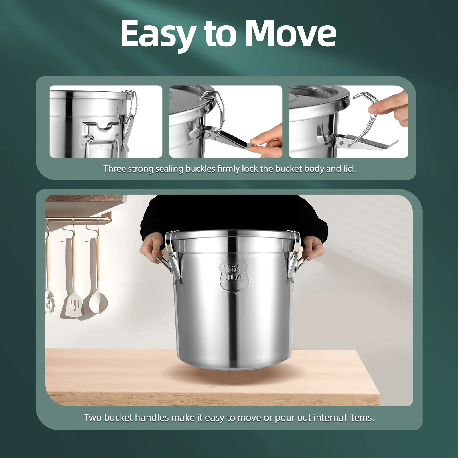 33L/22L Stainless Steel Rice Storage Container 3-Lock Sealing Rice Bin Food Grade Airtight Kitchen Bucket for Rice/Flour